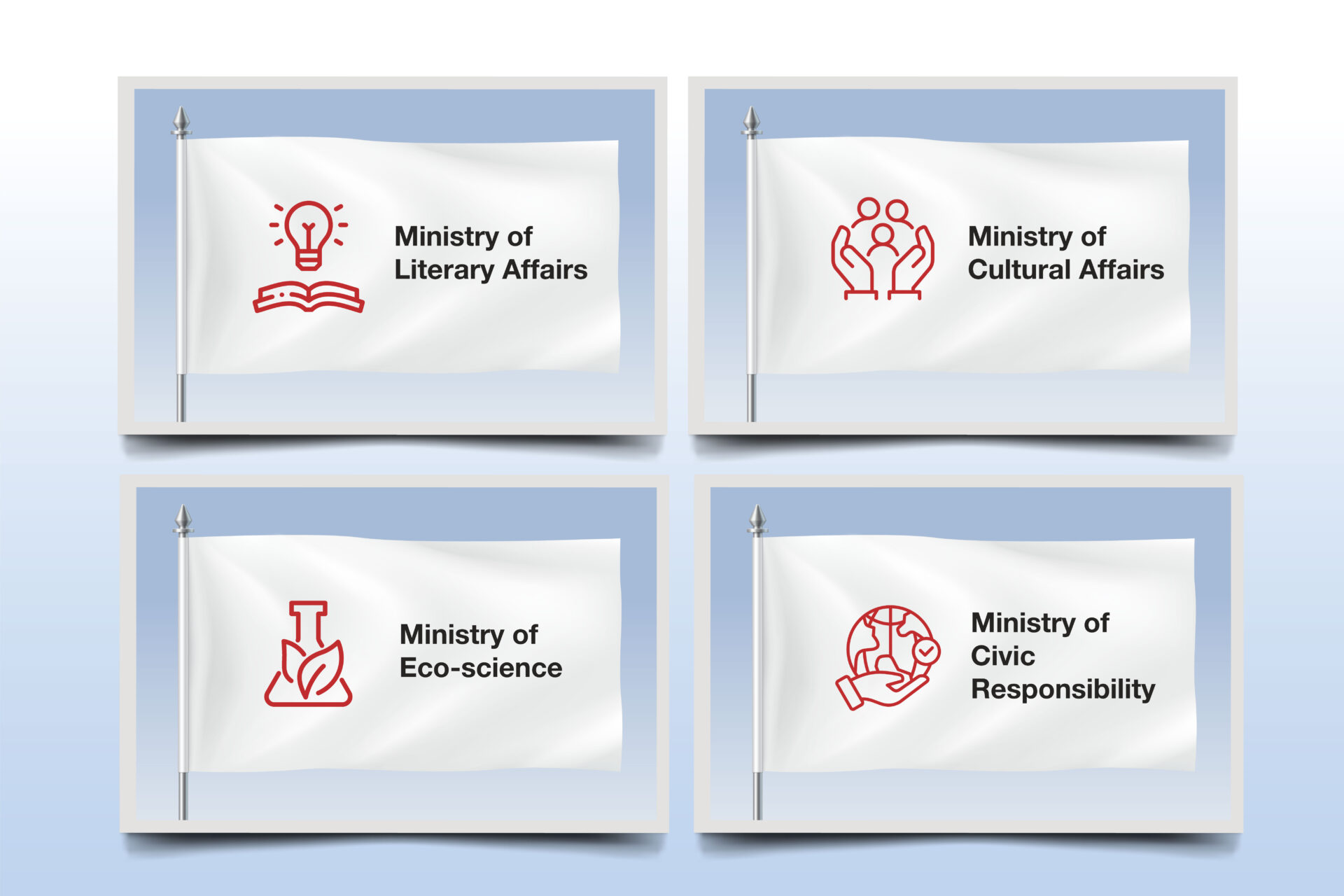 Infographic showing four white flags with red icons representing the Ministries