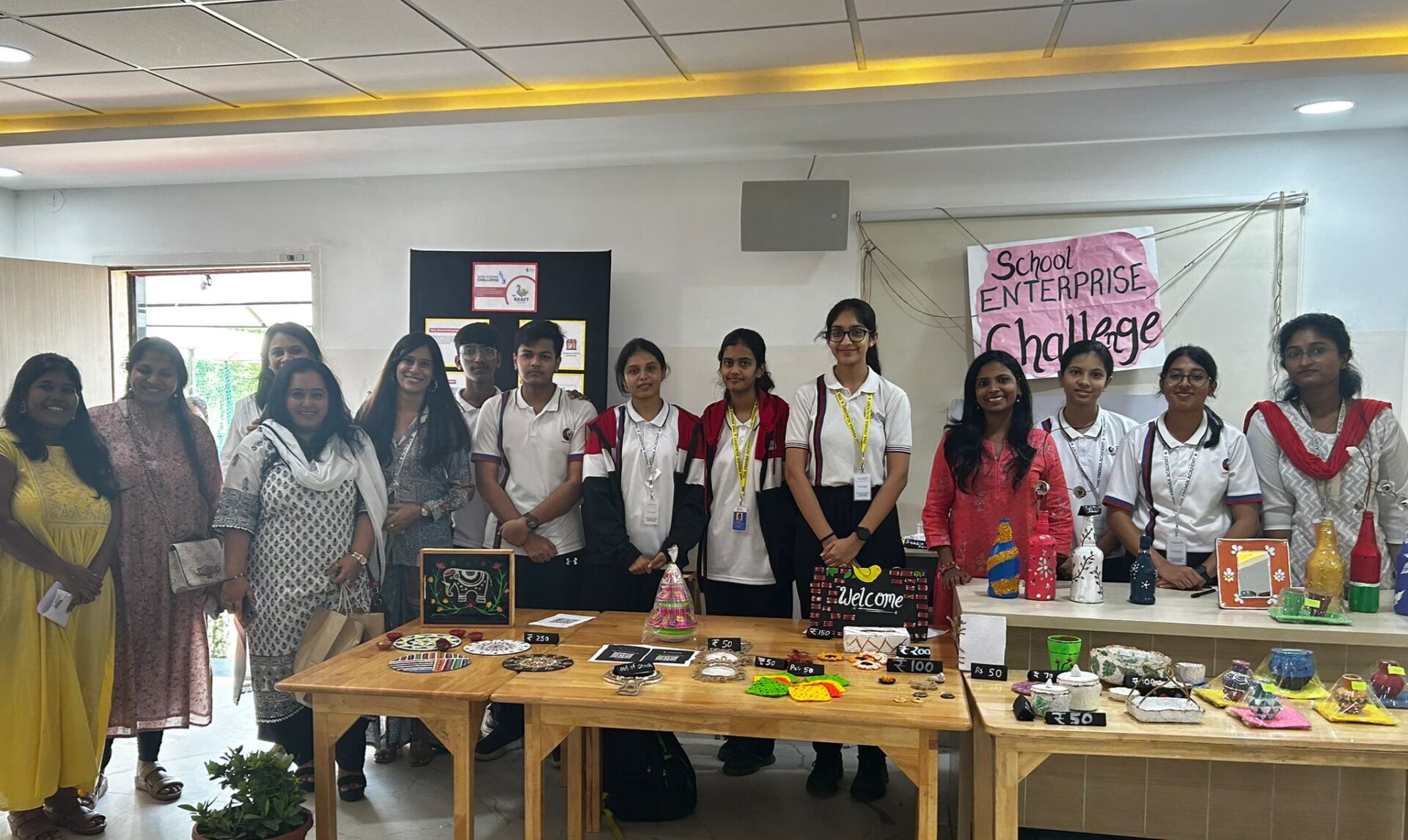 tables displaying handmade products for the School Enterprise Challenge