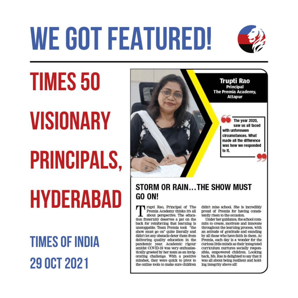 Newspaper clipping featuring Principal Trupti Rao in the 'Times 50 Visionary Principals, Hyderabad' list."