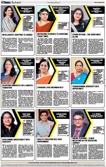 Newspaper article clipping featuring nine education leaders, including school principal Shailaja Rao, discussing school changes