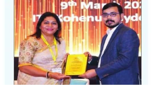 Premia Academy - Principal Sinduri Reddy accepting the Top CBSE Emerging School Award at the ELDROK INDIA K-12 AWARDS ceremony in Hyderabad.