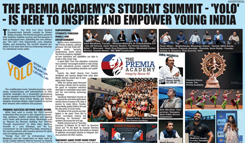 Premia Academy's YOLO Student Empowerment Summit featuring workshops, career guidance, external speakers, and classical dance performances.