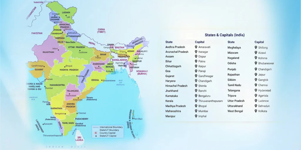 Map of India showing all states and capitals with a complete list