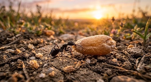 Tiny ant carrying a grain to teach persistence and hard work