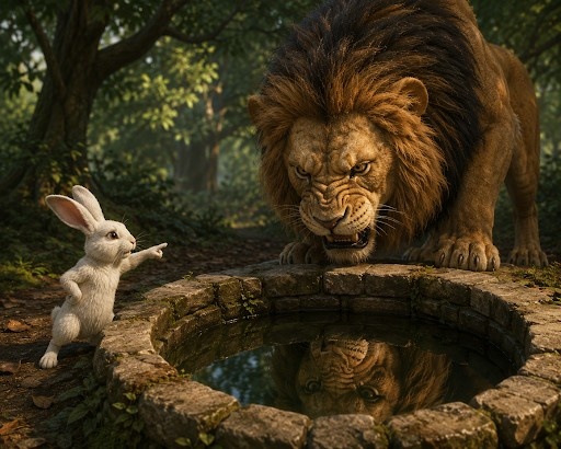 Clever rabbit defeating a lion through wisdom and patience