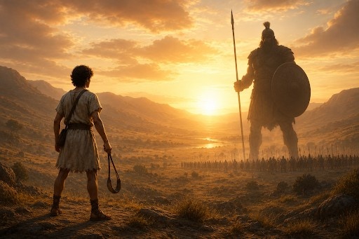 David facing Goliath with courage and confidence