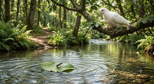 Dove saving an ant in a story about kindness and helping others