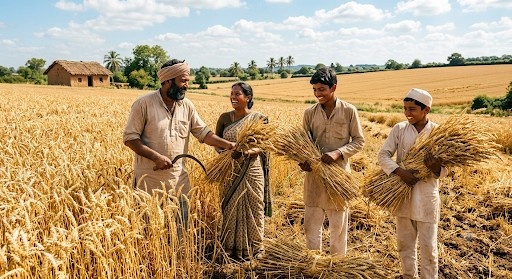 Farmer teaching his sons that hard work brings rewards