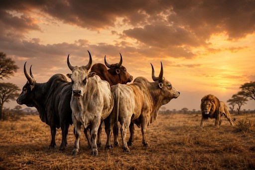 Four oxen standing together against a lion in a unity story