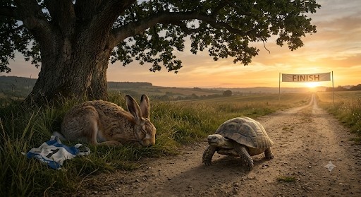 Hare racing the tortoise in a story about perseverance and consistency