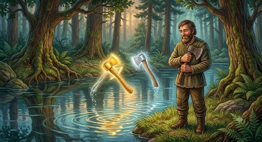 Honest woodcutter choosing his iron axe in a classic moral story for kids
