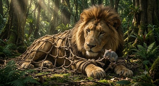 Lion and mouse helping each other in a classic friendship story