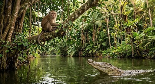 Monkey outsmarting a crocodile with quick thinking