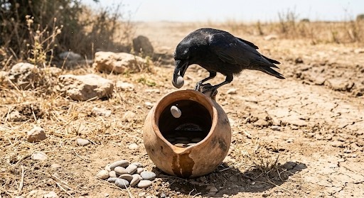 Clever crow dropping pebbles into a pitcher to drink water